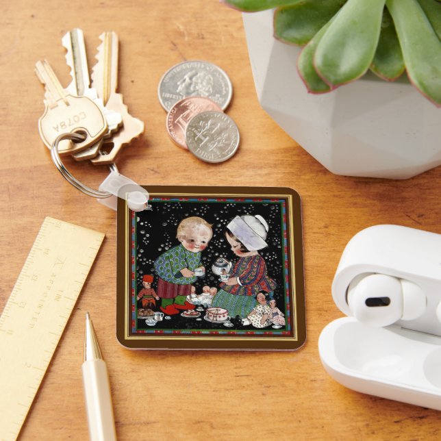 Vintage Children Having a Pretend Tea Party Keychain (Desk)