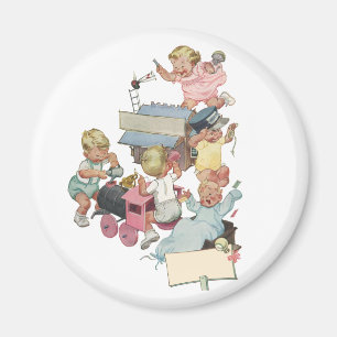 Vintage Children Having Fun Playing w Toy Trains Magnet