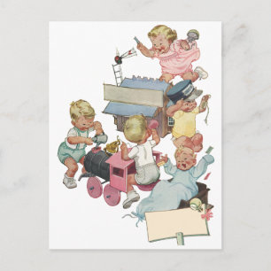 Vintage Children Having Fun Playing w Toy Trains Postcard