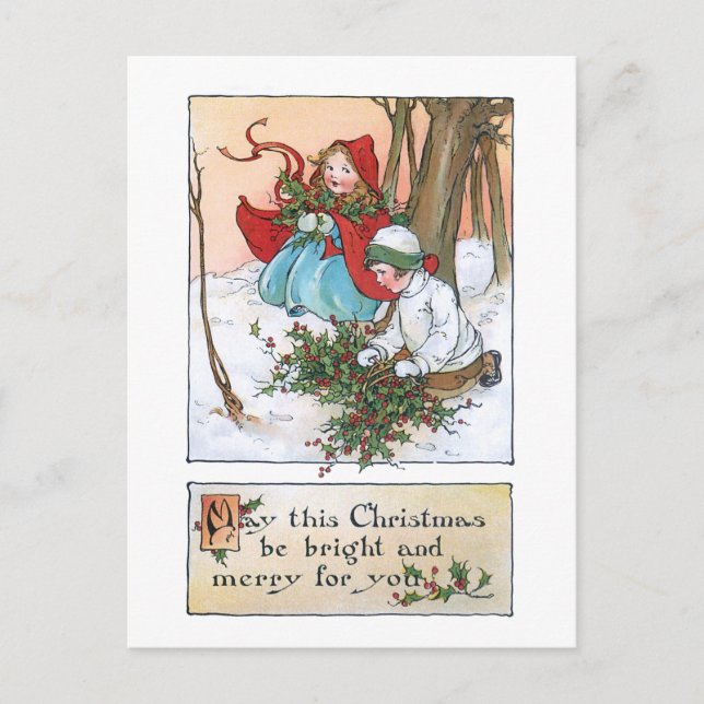 Vintage Children in Snow with Christmas Holly Postcard (Front)