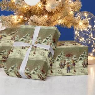 Vintage Children Making a snowman Wrapping Paper