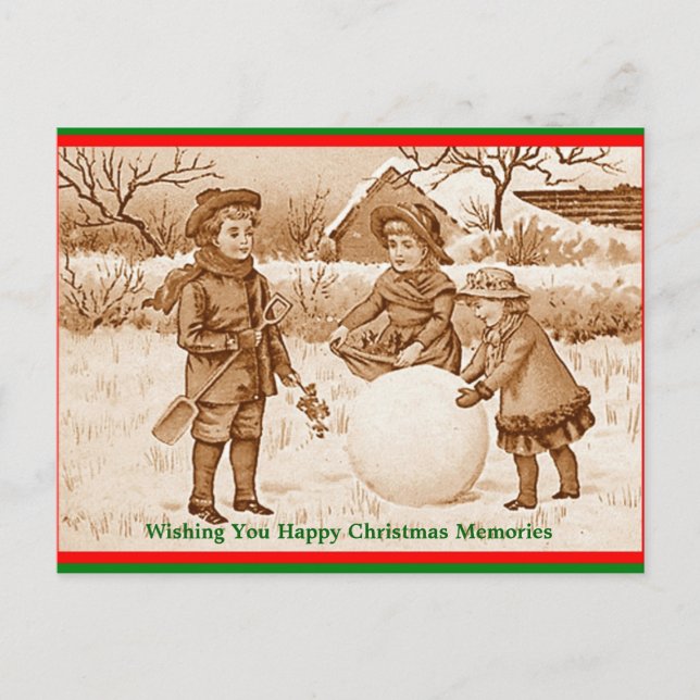 Vintage Children Making Snowman Memories Postcard (Front)