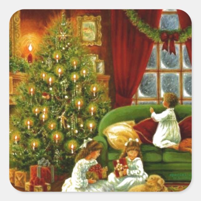 Vintage Children Opening Christmas Gifts Square Sticker (Front)