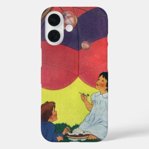 Vintage Children Play Girl and Boy Blowing Bubbles iPhone 16 Case