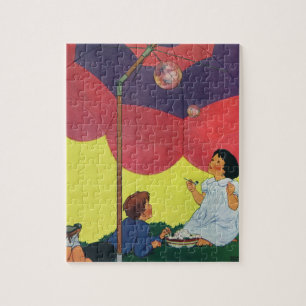 Vintage Children Play Girl and Boy Blowing Bubbles Jigsaw Puzzle