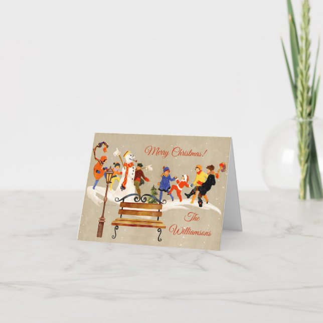 Vintage Children Play in Snow Charming  Holiday Card (Front)