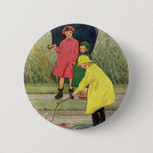 Vintage Children Playing in Puddles "A Rainy Day" 2 Inch Round Button