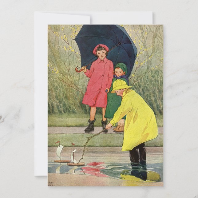 Vintage Children Playing in Puddles "A Rainy Day" Invitation (Front)