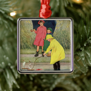 Vintage Children Playing in Puddles "A Rainy Day" Metal Ornament