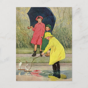 Vintage Children Playing in Puddles "A Rainy Day" Postcard