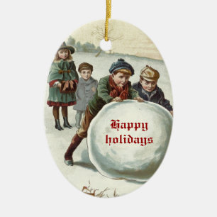 Vintage Children playing in winter Ceramic Ornament