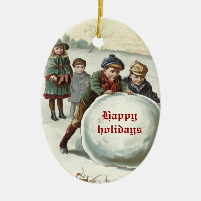 Vintage Children playing in winter Ceramic Ornament (Front)