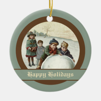 Vintage children playing in winter ceramic ornament