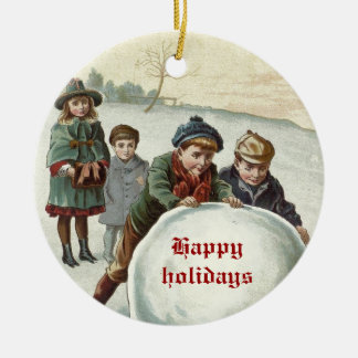 Vintage Children playing in winter Ceramic Ornament