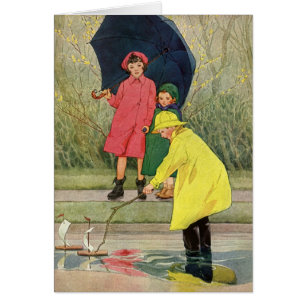 Vintage Children Playing Puddles Toy Boats Rain
