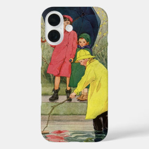 Vintage Children Playing Puddles Toy Boats Rain iPhone 16 Case