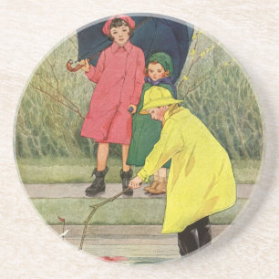 Vintage Children Playing Puddles Toy Boats Rain Coaster