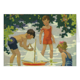 Vintage Children Playing Toy Sailboats Summer Pond