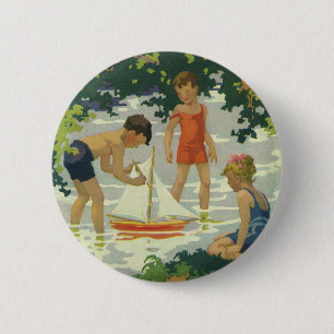 Vintage Children Playing Toy Sailboats Summer Pond 2 Inch Round Button