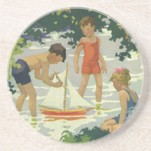 Vintage Children Playing Toy Sailboats Summer Pond Coaster