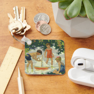 Vintage Children Playing Toy Sailboats Summer Pond Keychain