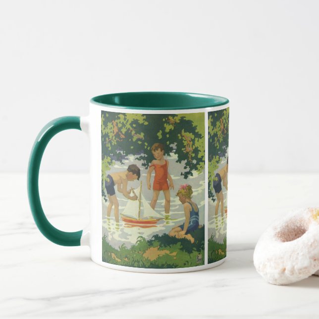 Vintage Children Playing Toy Sailboats Summer Pond Mug (With Donut)
