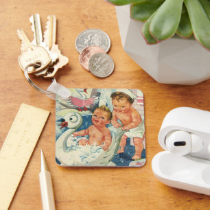 Vintage Children Playing w Bubbles in Swan Bathtub Keychain