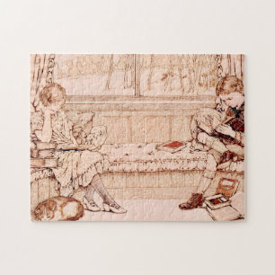Vintage Children Reading cozy Illustration Jigsaw Puzzle