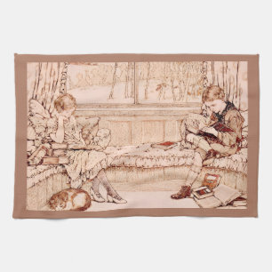 Vintage Children Reading cozy Illustration  Kitchen Towel