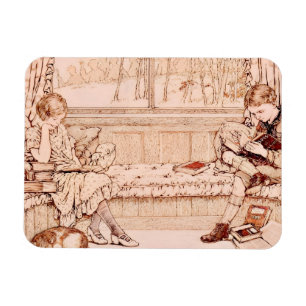 Vintage Children Reading cozy Illustration  Magnet
