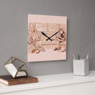 Vintage Children Reading cozy Illustration  Square Wall Clock