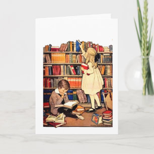 Vintage Children Reading Library Books Blank Card
