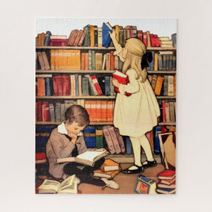 Vintage Children Reading Library Books Jigsaw Puzzle