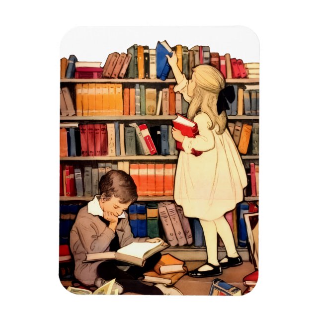 Vintage Children Reading Library Books Magnet (Vertical)