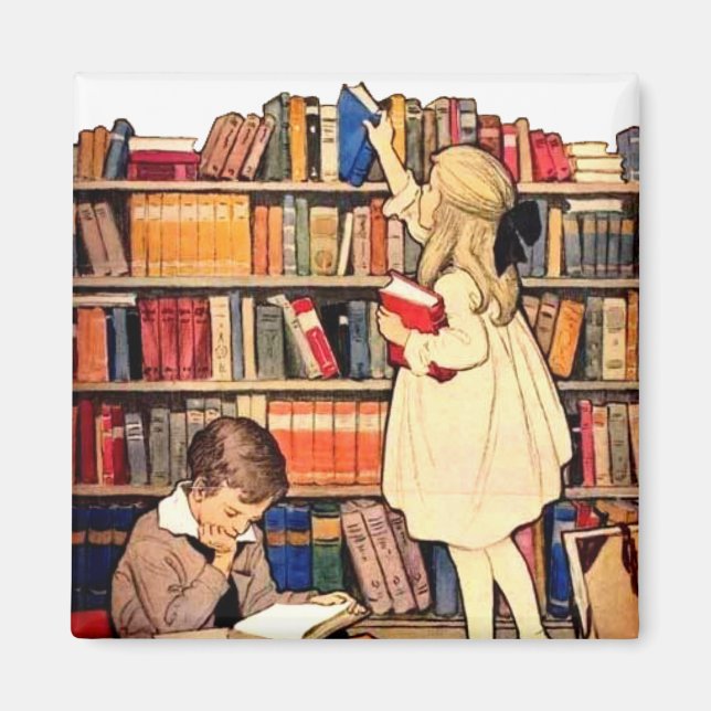Vintage Children Reading Library Books  Magnet (Front)
