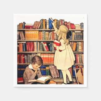 Vintage Children Reading Library Books Napkins