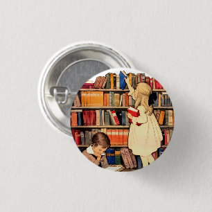 Vintage Children Reading Library Books Pinback  1 Inch Round Button