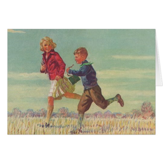 Vintage Children Running to School Carrying Books Card