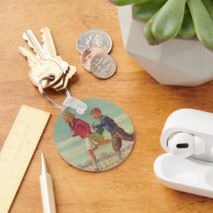 Vintage Children Running to School Carrying Books Keychain