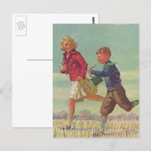 Vintage Children Running to School Carrying Books Postcard