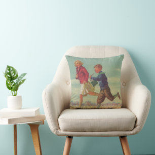 Vintage Children Running to School Carrying Books Throw Pillow