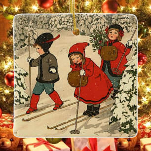 Vintage Children Skiing Through a Snowy Forest  Ceramic Ornament