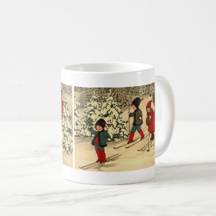 Vintage Children Skiing Through a Snowy Forest Coffee Mug