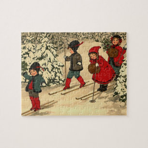 Vintage Children Skiing Through a Snowy Forest  Jigsaw Puzzle