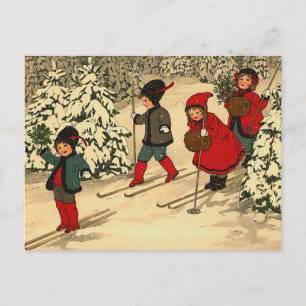 Vintage Children Skiing Through a Snowy Forest Postcard