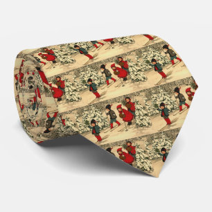 Vintage Children Skiing Through a Snowy Forest Tie