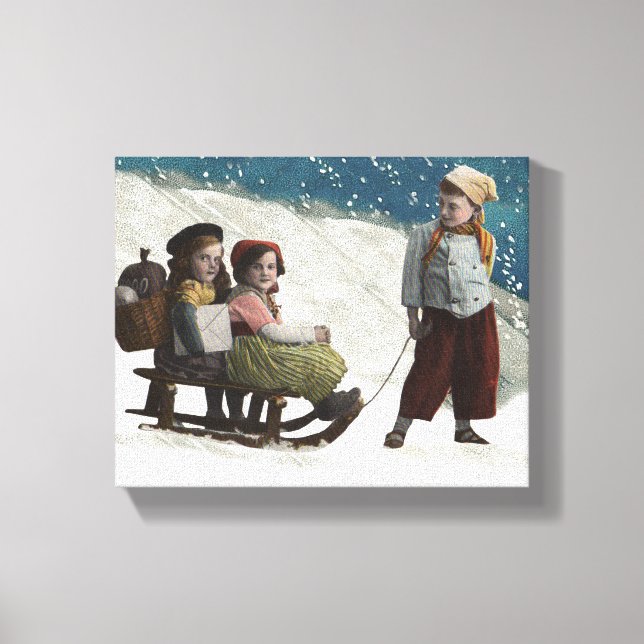 Vintage Children Sledding Christmas Winter Canvas Print (Front)