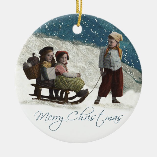 Vintage Children Sledding Christmas Winter Ceramic Ornament (Front)