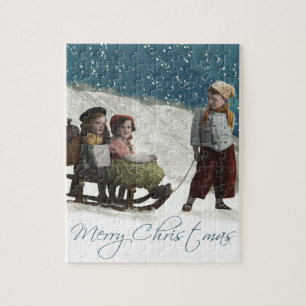 Vintage Children Sledding Christmas Winter Jigsaw Puzzle