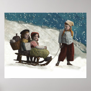 Vintage Children Sledding Christmas Winter Poster
